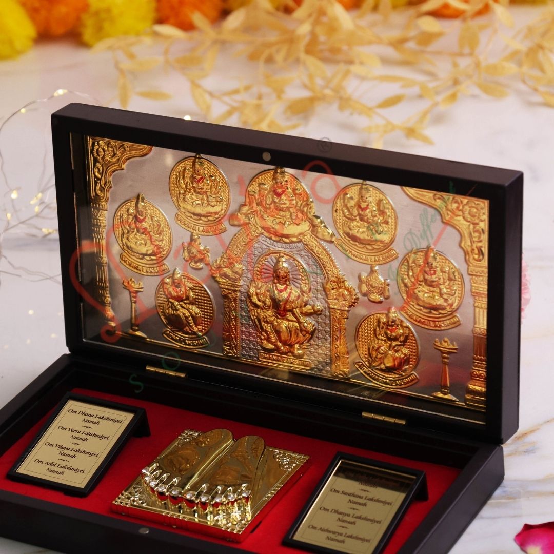 Gold Plated Ashtalakshmi Charan Paduka Frame Box – Premium ABS Polymer 8 Forms of Lakshmi Idol – Divine Wealth & Prosperity Blessing Gift for Home Mandir & Office