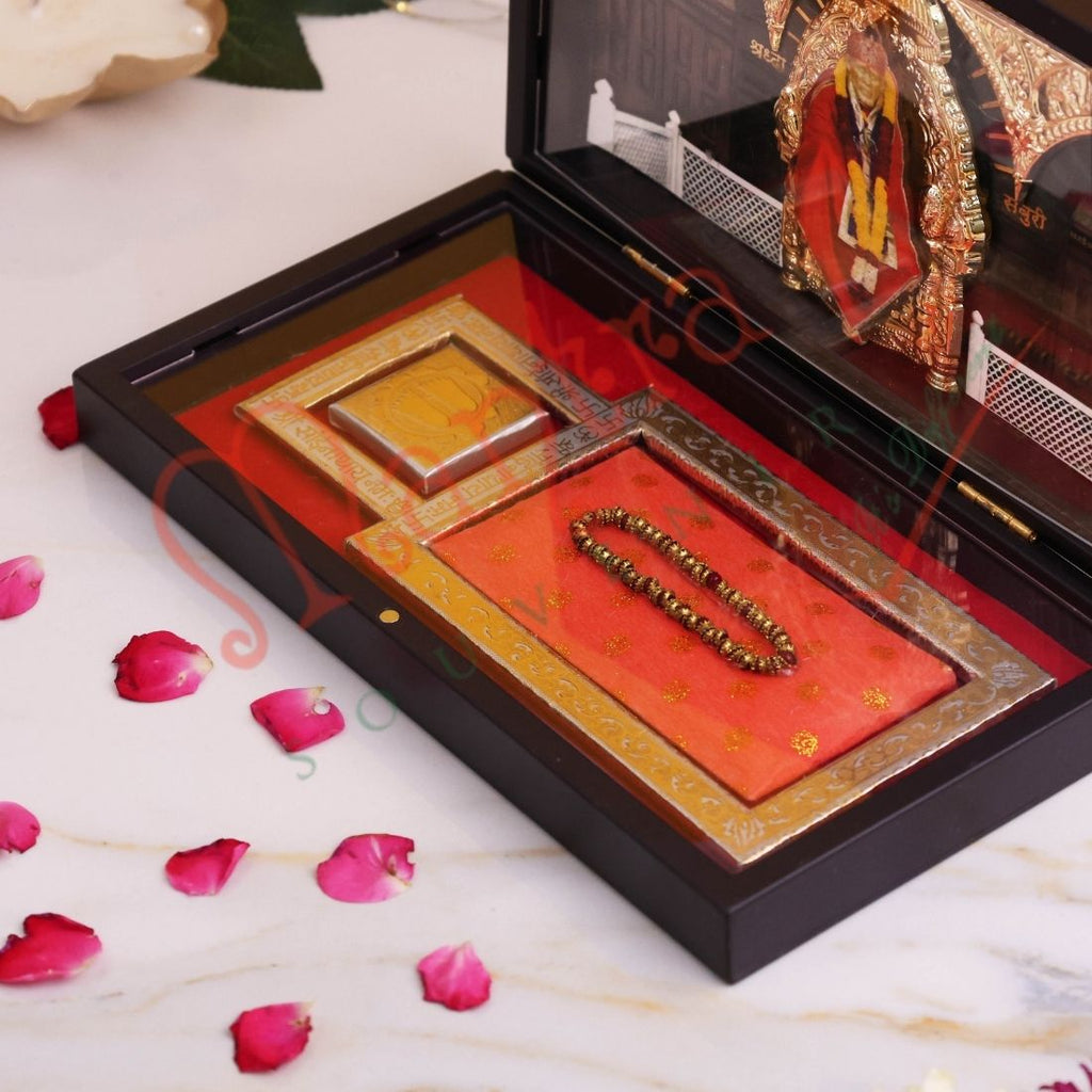 Sai Baba 3D Samadhi Mandir Divine Frame Box - Premium ABS Polymer Shirdi Sai Darshan Spiritual Gift Set with Mala & Yantra