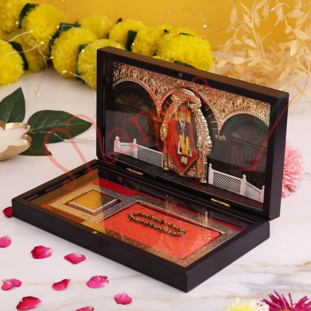 Sai Baba 3D Samadhi Mandir Divine Frame Box - Premium ABS Polymer Shirdi Sai Darshan Spiritual Gift Set with Mala & Yantra