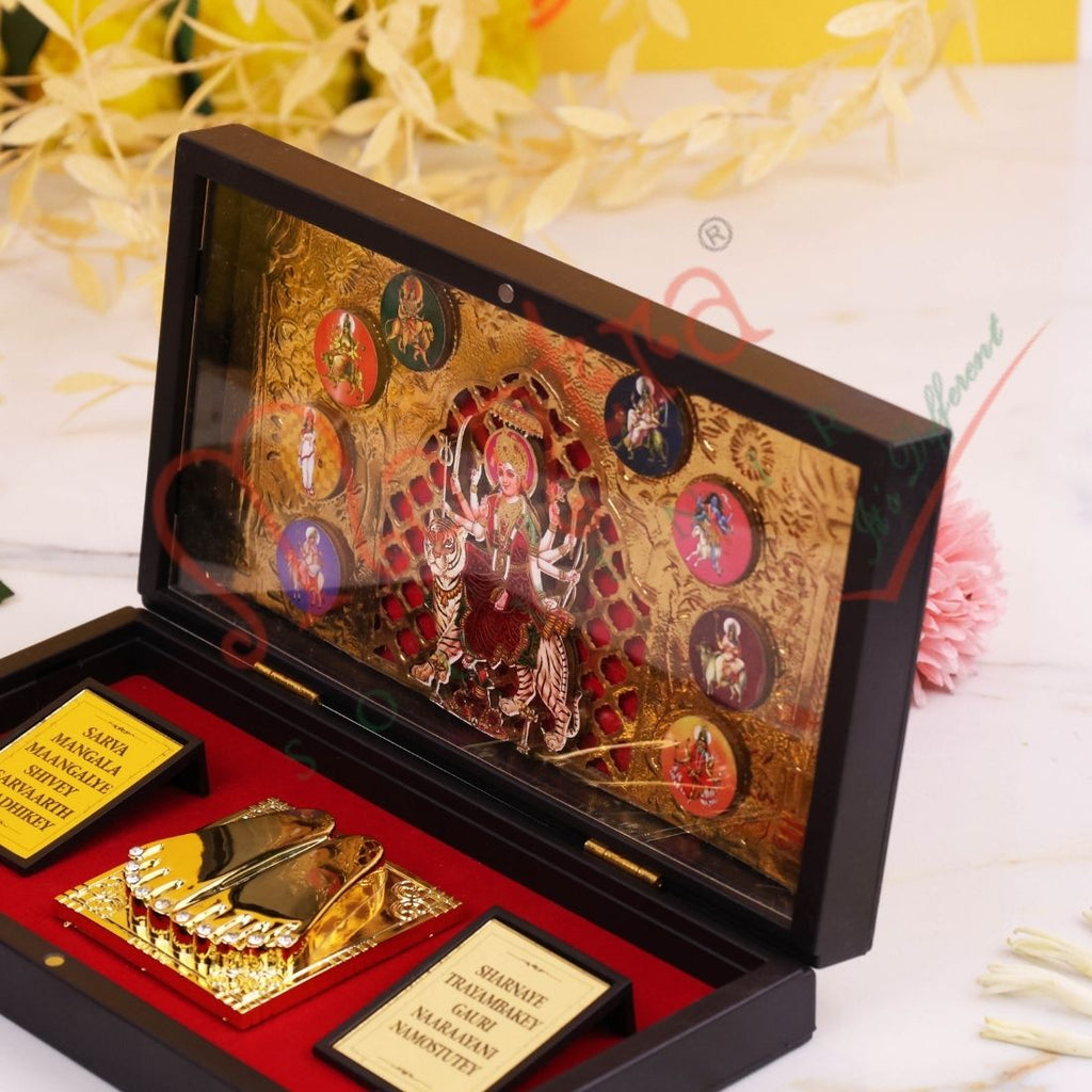 HUMSAFAR 3D Maa Durga Ambe Charan Paduka ABS Polymer Box - Navdurga Gold Plated Idol with Sarva Mangala Mantra - Spiritual Gift & Pooja Decor
