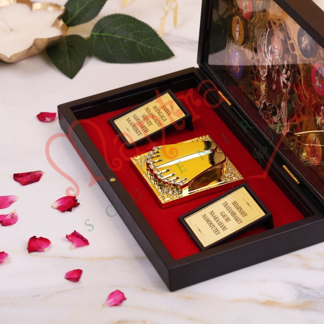 HUMSAFAR 3D Maa Durga Ambe Charan Paduka ABS Polymer Box - Navdurga Gold Plated Idol with Sarva Mangala Mantra - Spiritual Gift & Pooja Decor
