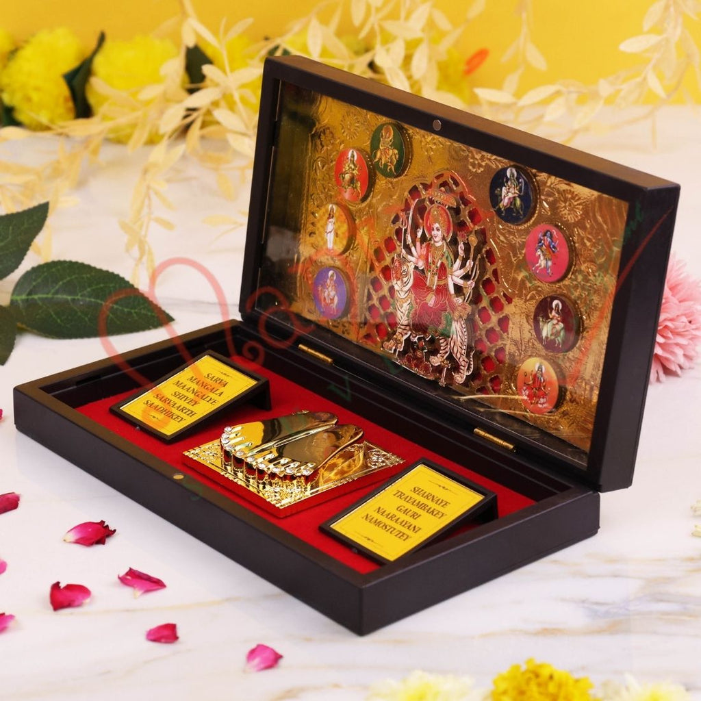HUMSAFAR 3D Maa Durga Ambe Charan Paduka ABS Polymer Box - Navdurga Gold Plated Idol with Sarva Mangala Mantra - Spiritual Gift & Pooja Decor