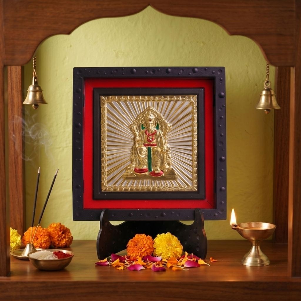 Classic Lalbaugcha Raja Gold Deity Photo Frame with Stand for Home Temple | Premium Ganpati Bappa Spiritual Photo Frame for Pooja Room, Office Desk & Home Decor | Religious Devotional Gift Item for Housewarming & Festivals