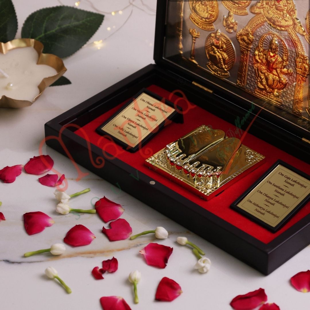 Gold Plated Ashtalakshmi Charan Paduka Frame Box – Premium ABS Polymer 8 Forms of Lakshmi Idol – Divine Wealth & Prosperity Blessing Gift for Home Mandir & Office