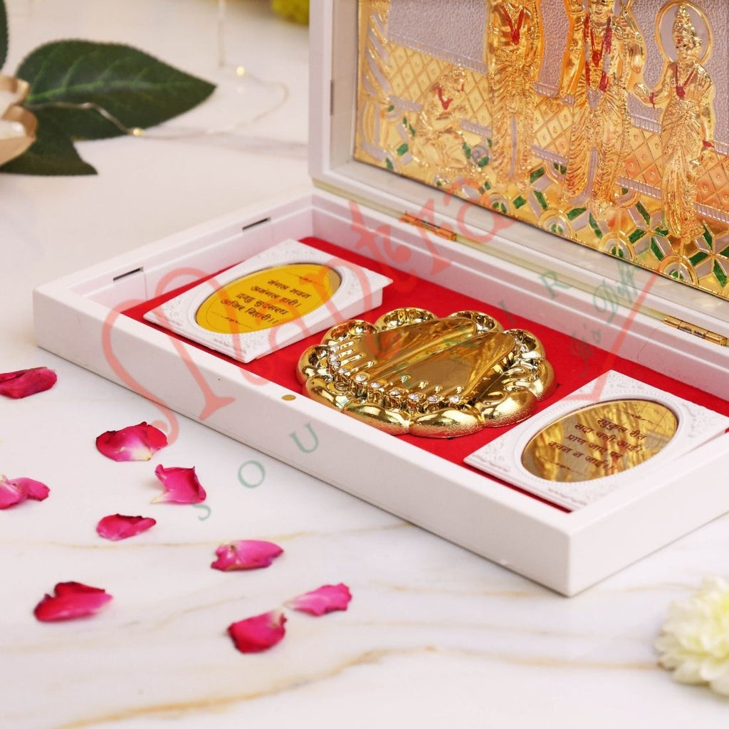 Gold Plated Ram Darbar Charan Paduka Divine Frame Box – Premium ABS Polymer Spiritual Decor for Peace, Harmony & Blessings