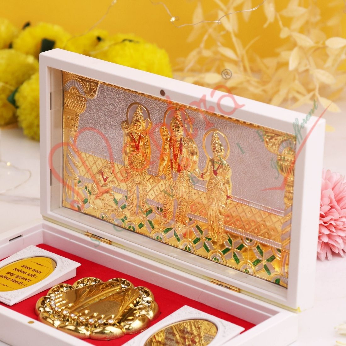 Gold Plated Ram Darbar Charan Paduka Divine Frame Box – Premium ABS Polymer Spiritual Decor for Peace, Harmony & Blessings