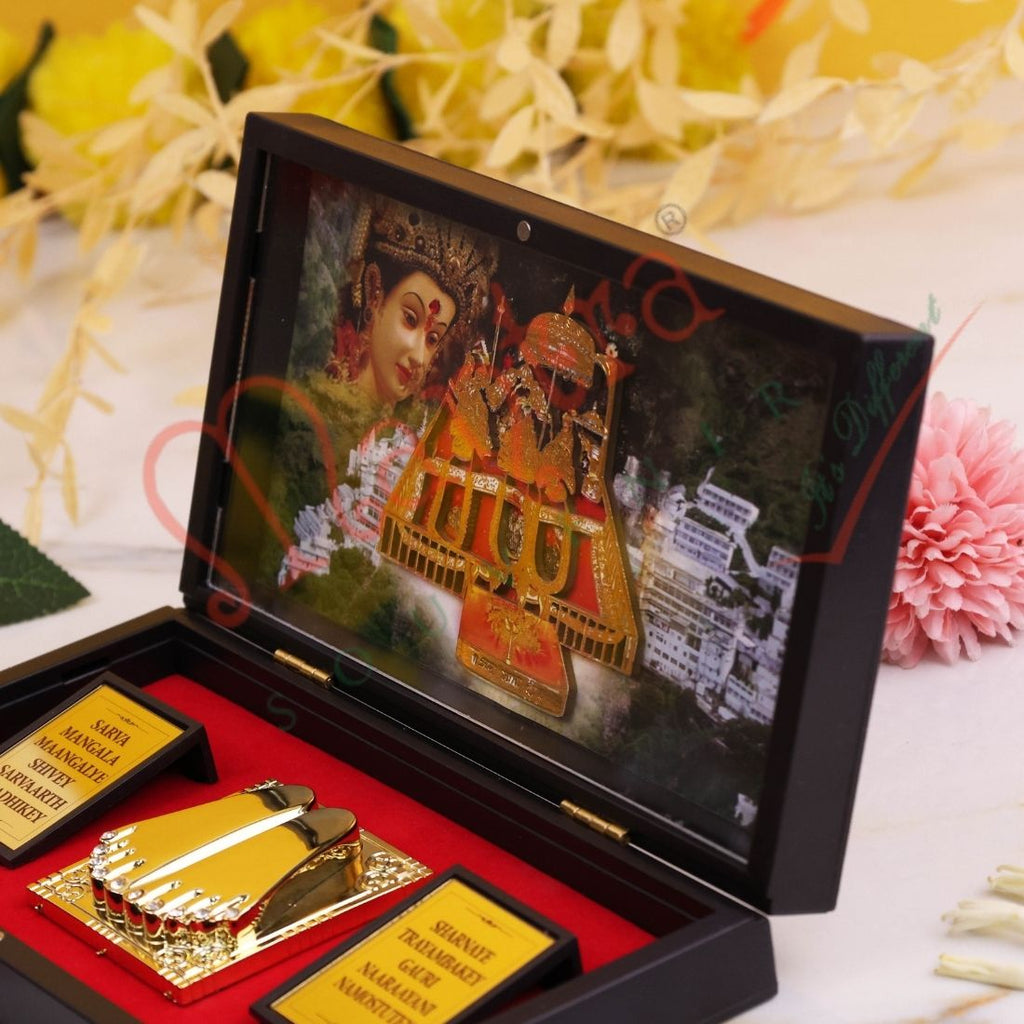 3D Mata Vaishno Devi Charan Paduka Frame Box - Premium ABS Polymer Devotional Gift Set with Gold Plated Footprints