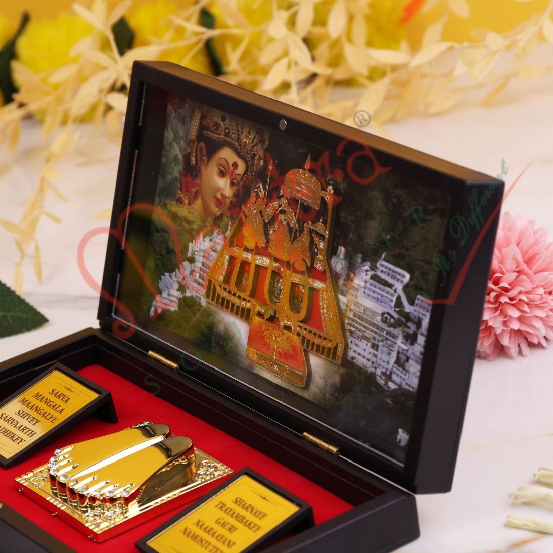 3D Mata Vaishno Devi Charan Paduka Frame Box - Premium ABS Polymer Devotional Gift Set with Gold Plated Footprints