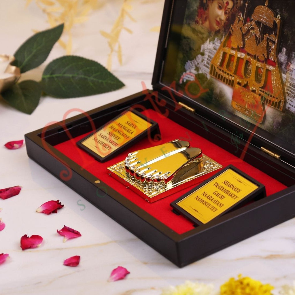 3D Mata Vaishno Devi Charan Paduka Frame Box - Premium ABS Polymer Devotional Gift Set with Gold Plated Footprints