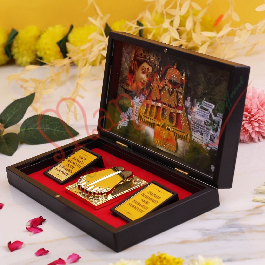 3D Mata Vaishno Devi Charan Paduka Frame Box - Premium ABS Polymer Devotional Gift Set with Gold Plated Footprints