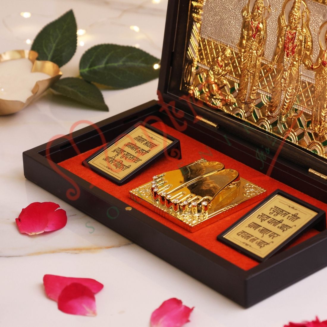 HUMSAFAR Gold Plated Ram Darbar Charan Paduka Plated Idol ABS Polymer Box - Sacred Ram Darbar Frame with Mangal Bhavan Mantra - Divine Spiritual Gift & Pooja Decor