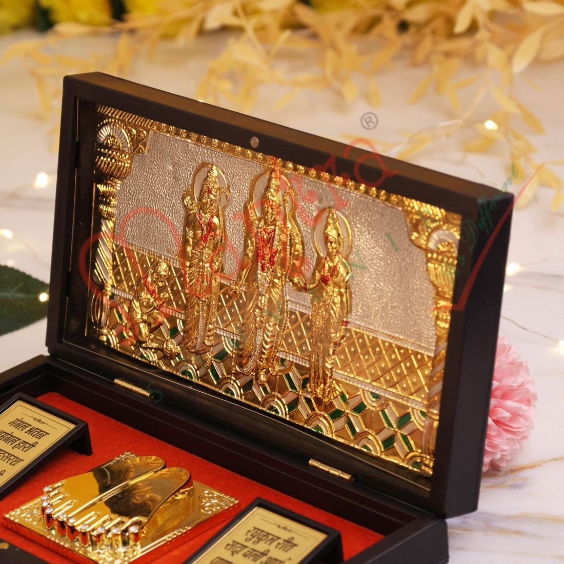 HUMSAFAR Gold Plated Ram Darbar Charan Paduka Plated Idol ABS Polymer Box - Sacred Ram Darbar Frame with Mangal Bhavan Mantra - Divine Spiritual Gift & Pooja Decor