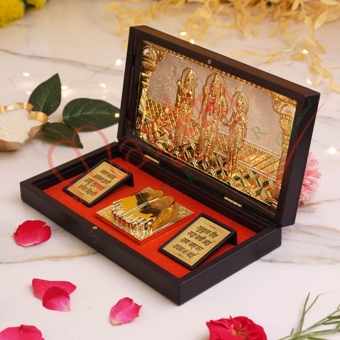 HUMSAFAR Gold Plated Ram Darbar Charan Paduka Plated Idol ABS Polymer Box - Sacred Ram Darbar Frame with Mangal Bhavan Mantra - Divine Spiritual Gift & Pooja Decor