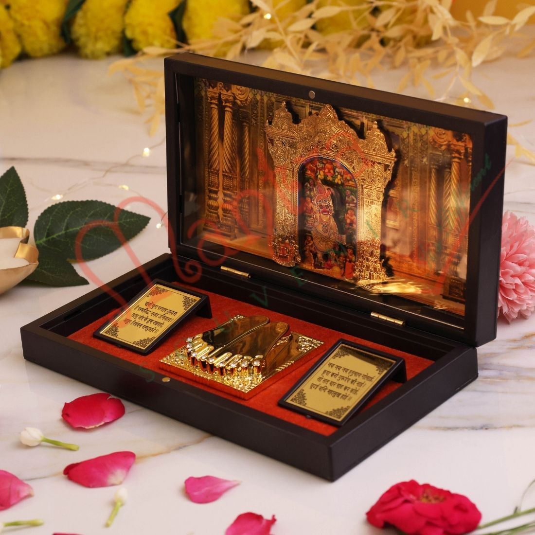 HUMSAFAR 3D Salangpur Hanuman Ji Charan Paduka in Premium ABS Polymer Box - Kashtabhanjan Dev Gold Plated Idol with Hanuman Chalisa Mantras - Spiritual Gift & Protection Decor