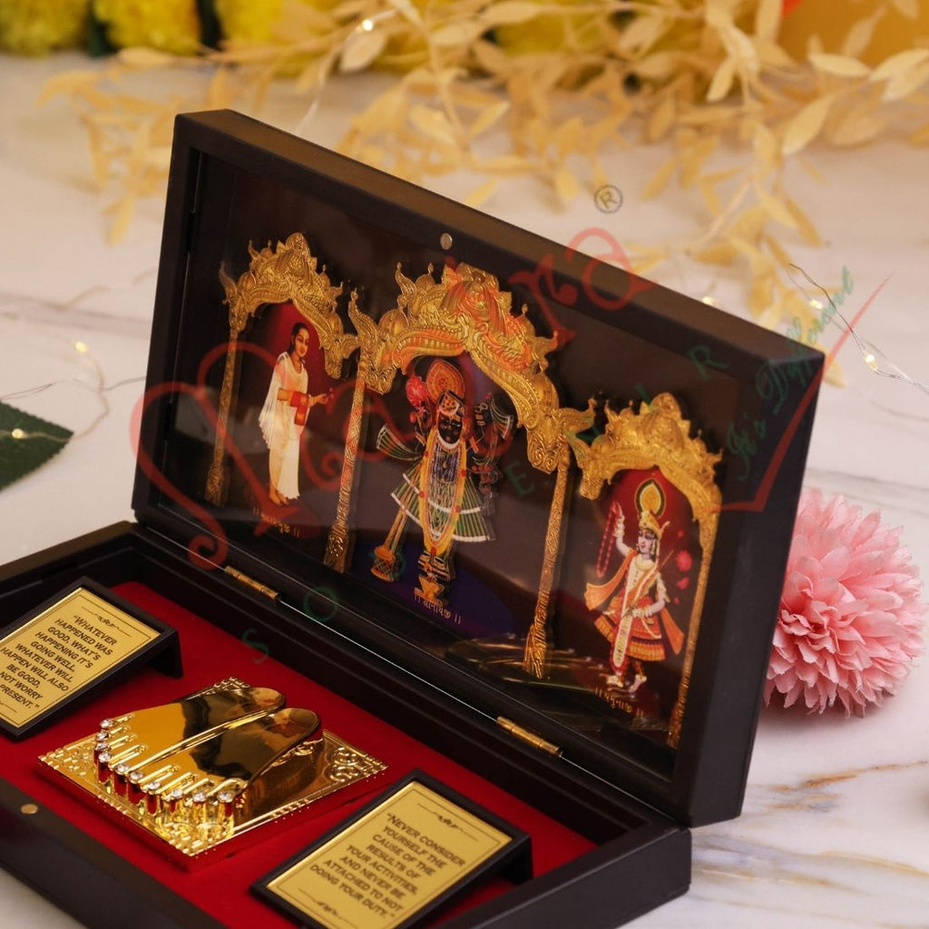 HUMSAFAR 3D Shrinathji Charan Paduka in Premium ABS Polymer Box - Nathdwara Gold Plated Krishna Idol with Gita Saar Quotes - Divine Spiritual Gift & Office Decor