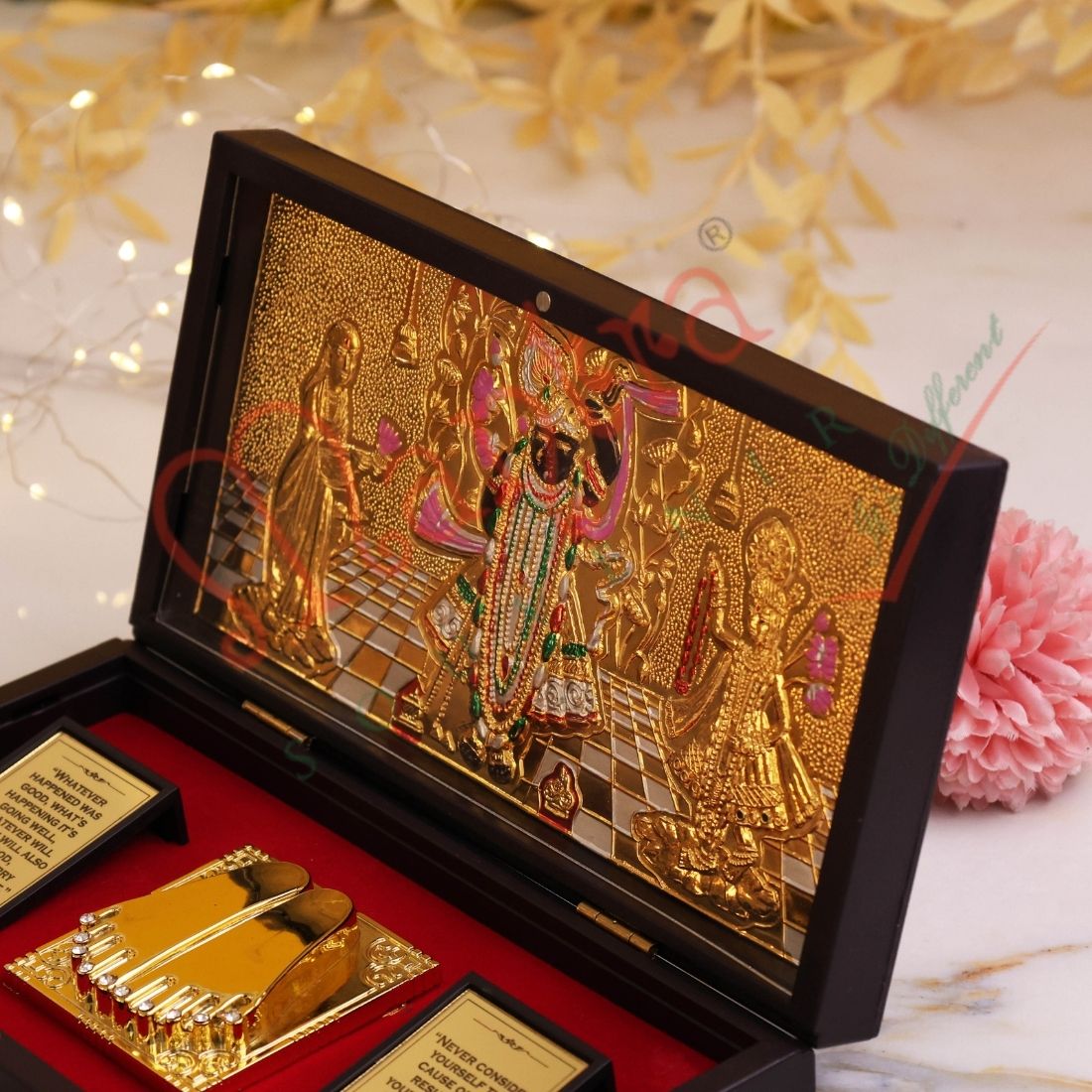 Gold Plated Shrinathji Charan Paduka Box – Premium ABS Polymer Nathdwara Shrinath Ji Idol for Home Mandir & Office – Divine Blessing Gift & Spiritual Decor