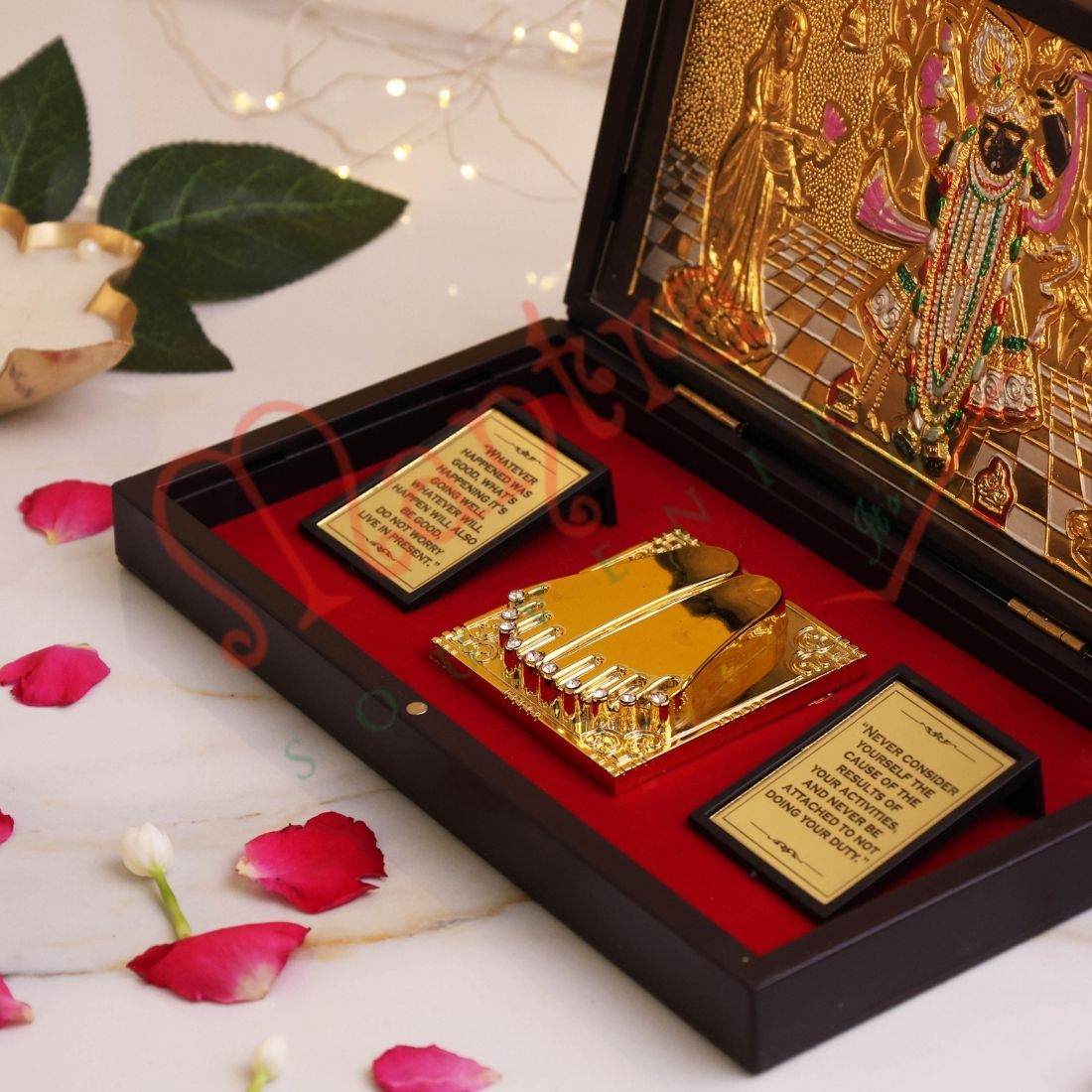 Gold Plated Shrinathji Charan Paduka Box – Premium ABS Polymer Nathdwara Shrinath Ji Idol for Home Mandir & Office – Divine Blessing Gift & Spiritual Decor