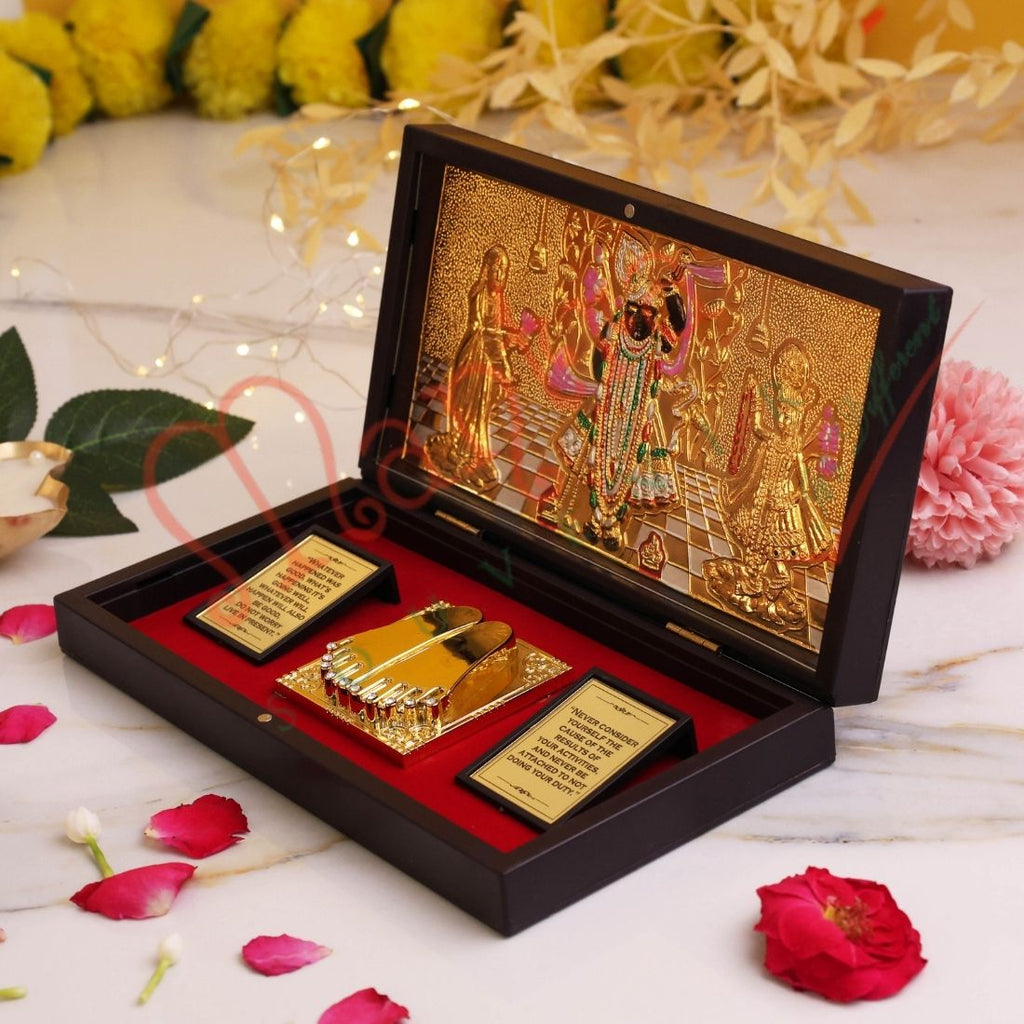 Gold Plated Shrinathji Charan Paduka Box – Premium ABS Polymer Nathdwara Shrinath Ji Idol for Home Mandir & Office – Divine Blessing Gift & Spiritual Decor