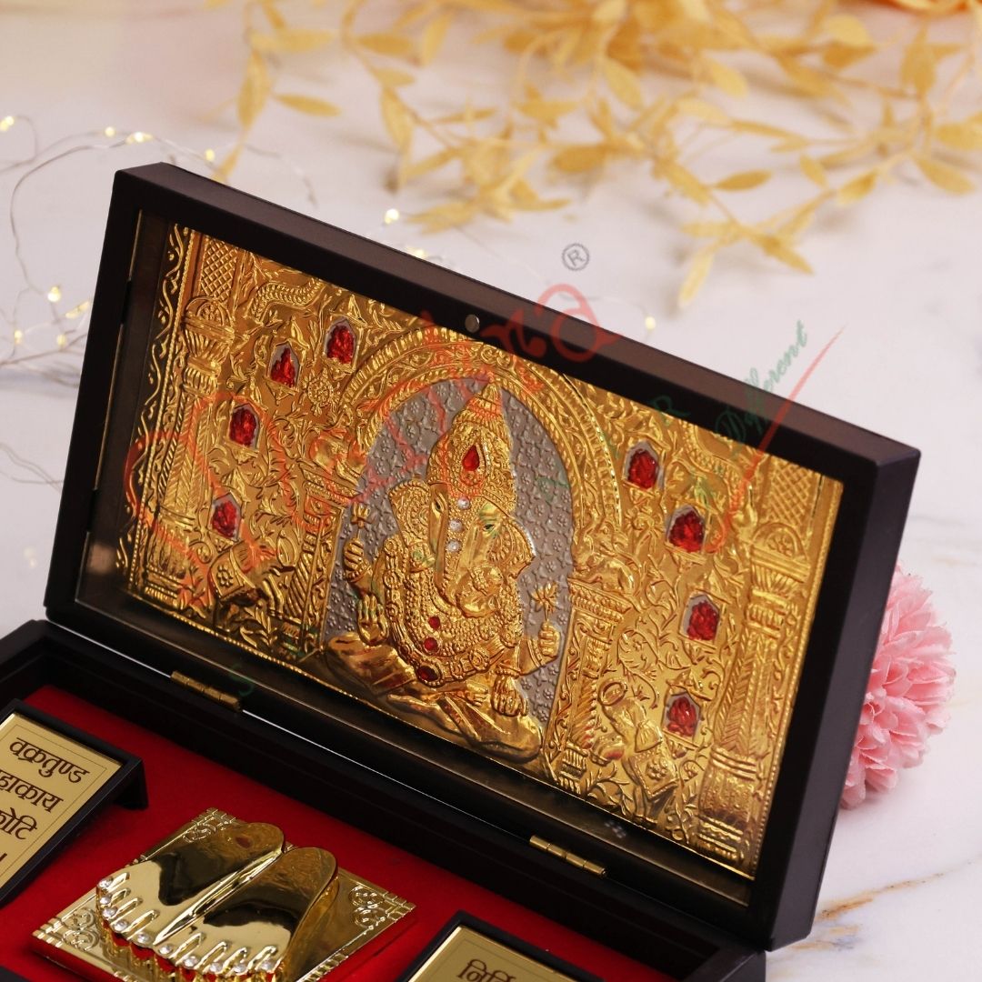 Gold Plated Lord Ganesha Charan Paduka Frame Box – Premium ABS Polymer Ganpati Idol for Home & Office – Divine Blessing Gift with Sacred Ganesh Shlokas