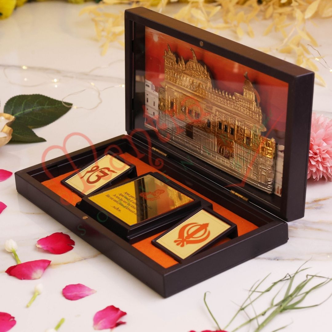 Deluxe 3D Golden Temple Amritsar Spiritual Gift Box – Gold Plated ABS Polymer Sri Harmandir Sahib Frame with Ik Onkar & Khanda Symbols for Home, Office & Gifting