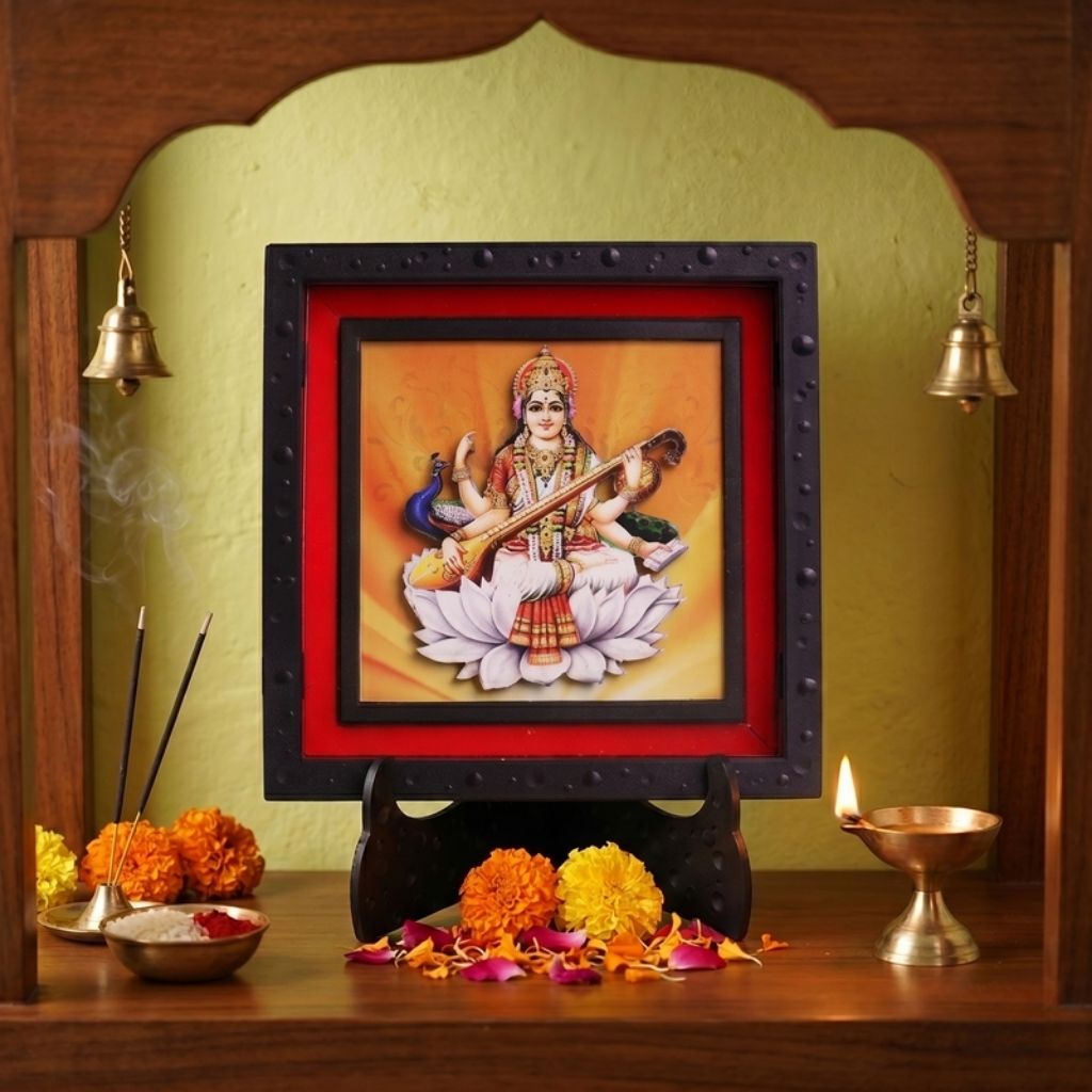 Classic 3D Maa Saraswati Deity Photo Frame with Stand for Home Temple | Goddess Saraswati Spiritual Photo Frame for Study Room, Pooja Room & Office Desk | Religious Home Decor | Devotional Gift Item & Sacred Souvenir