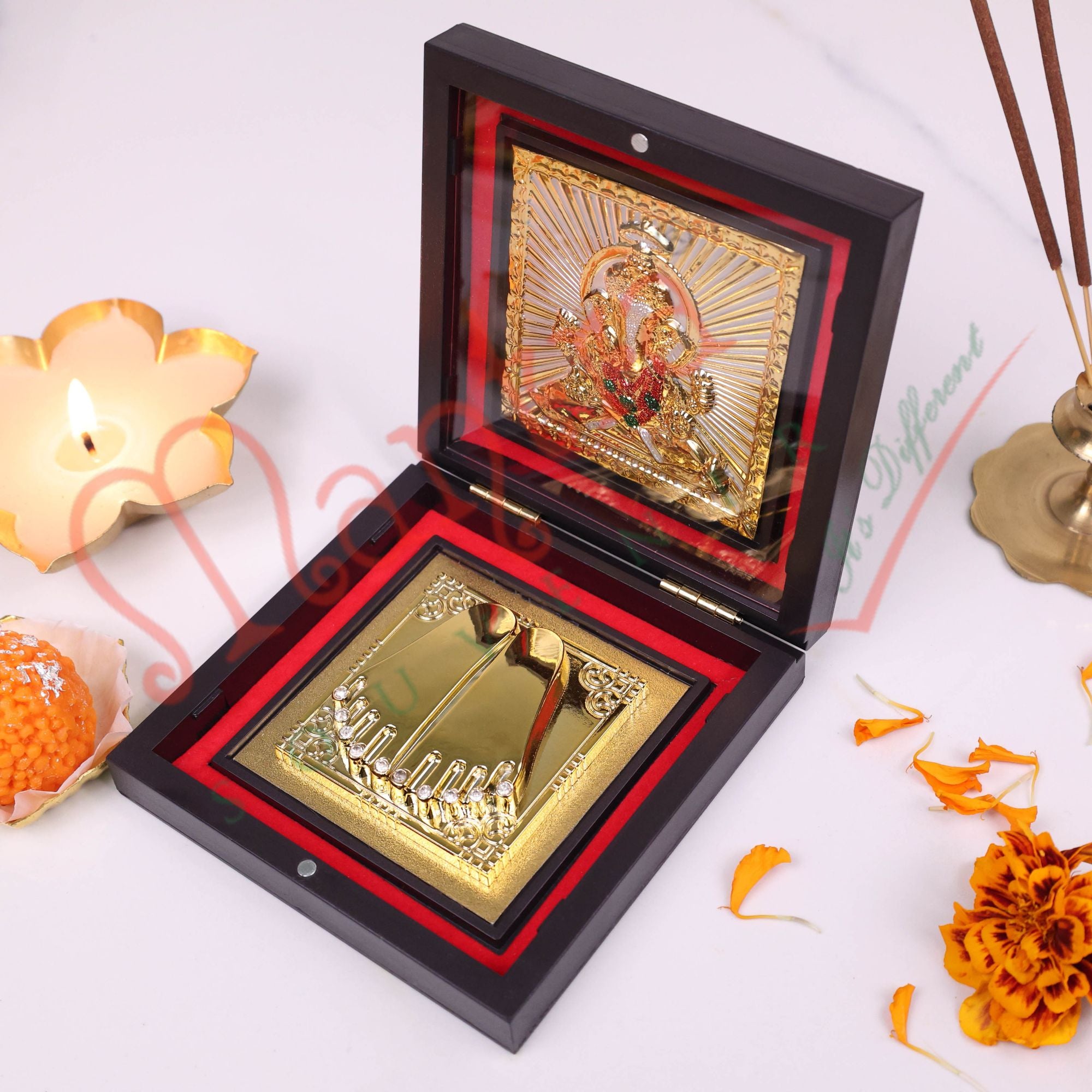 Gold Plated Lord Ganesha Charan Paduka in Premium Box – Divine Ganesh Footprints for Success, Home Mandir & Gifting