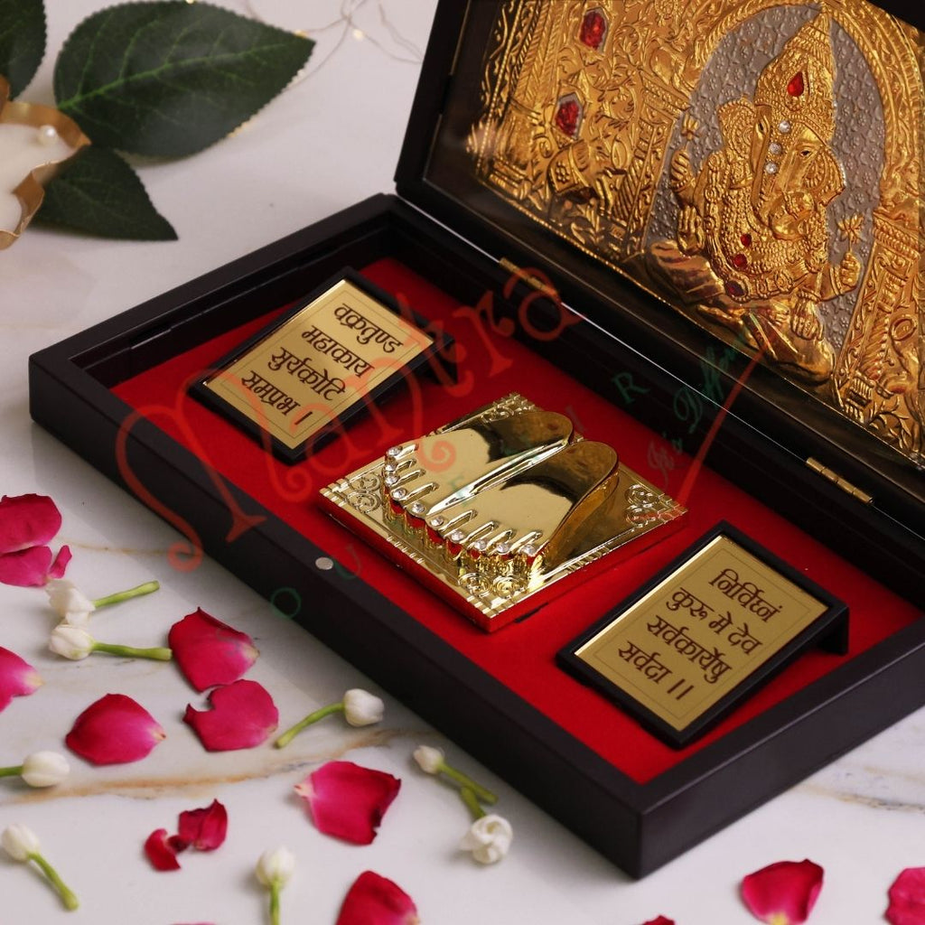 Gold Plated Lord Ganesha Charan Paduka Frame Box – Premium ABS Polymer Ganpati Idol for Home & Office – Divine Blessing Gift with Sacred Ganesh Shlokas