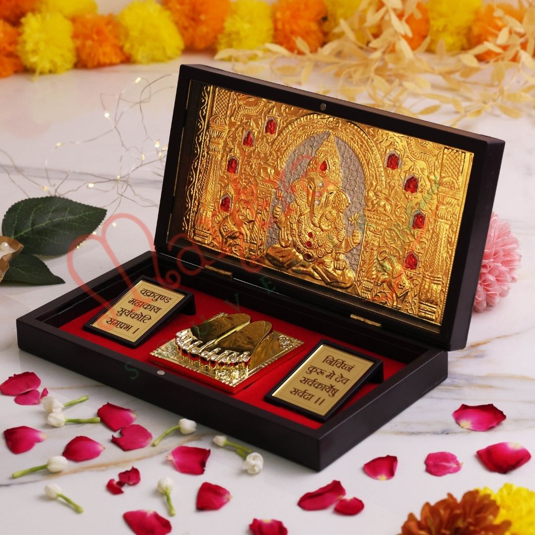 Gold Plated Lord Ganesha Charan Paduka Frame Box – Premium ABS Polymer Ganpati Idol for Home & Office – Divine Blessing Gift with Sacred Ganesh Shlokas
