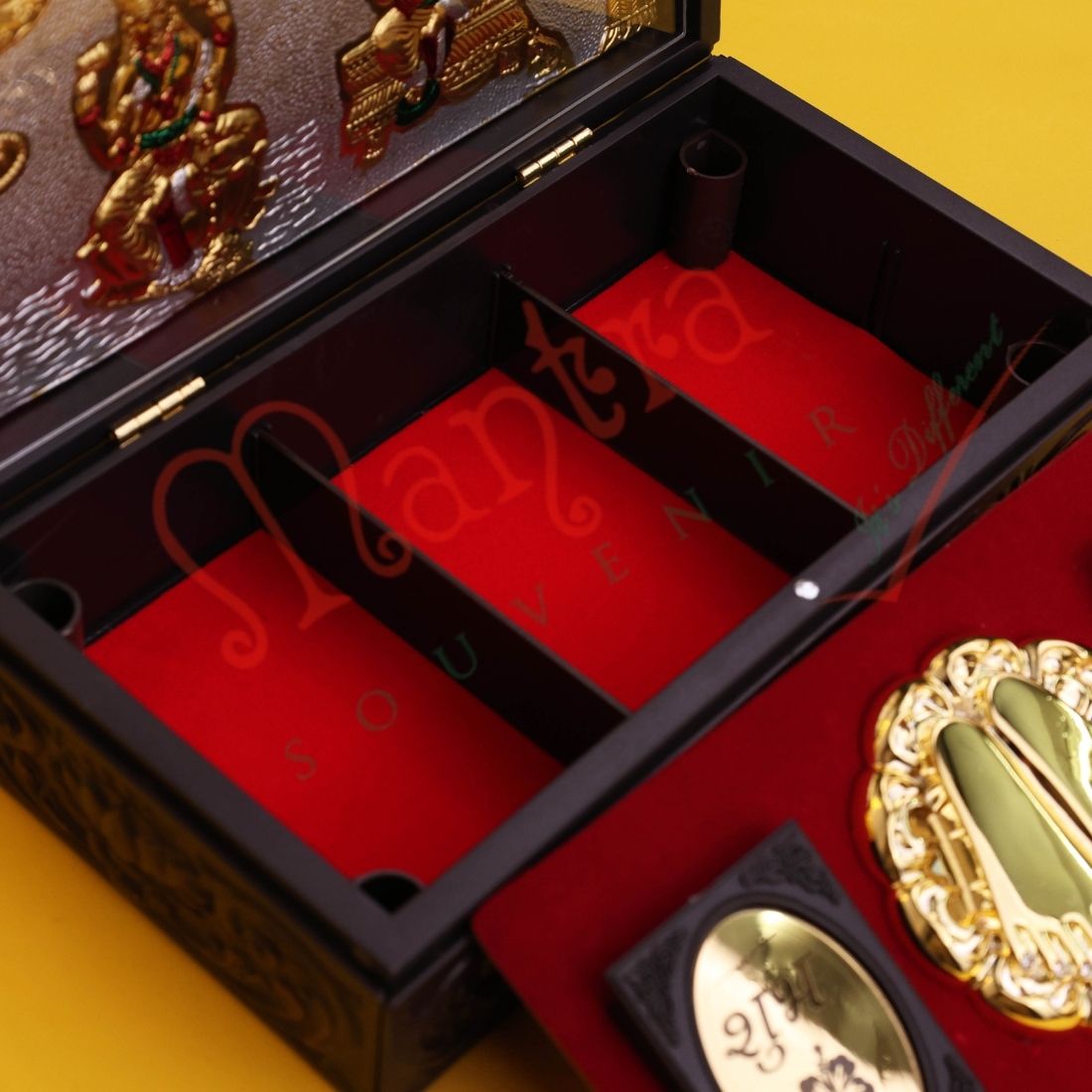 Gold Plated Laxmi Ganesh Corporate Gift Box with Charan Paduka | ABS Polymer Spiritual Desk Decor & Puja Kit