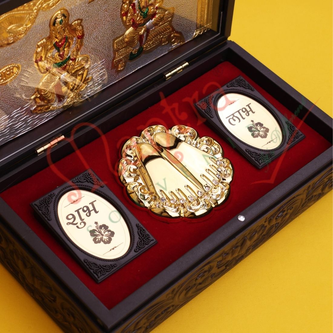 Gold Plated Laxmi Ganesh Corporate Gift Box with Charan Paduka | ABS Polymer Spiritual Desk Decor & Puja Kit
