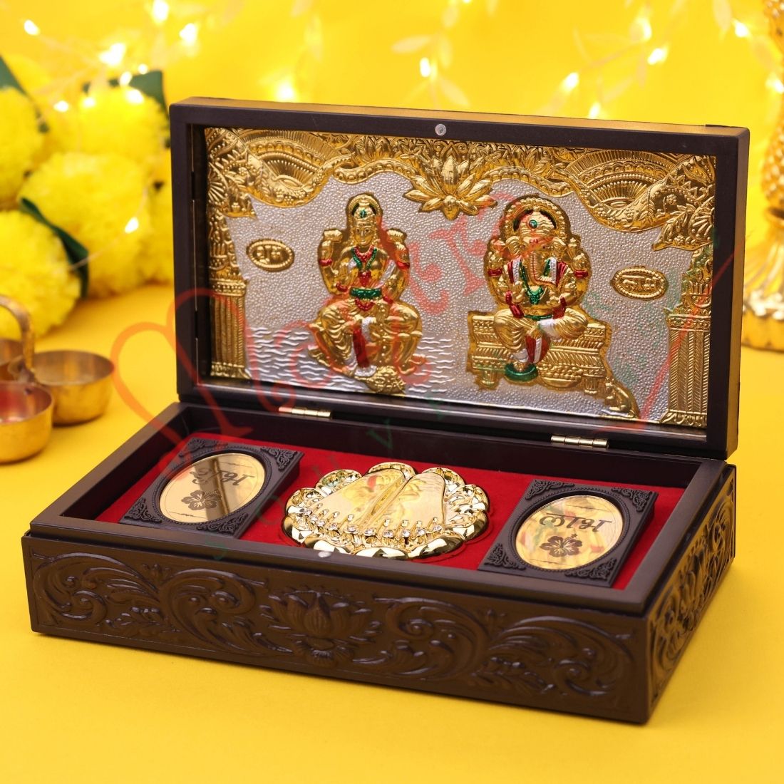 Gold Plated Laxmi Ganesh Corporate Gift Box with Charan Paduka | ABS Polymer Spiritual Desk Decor & Puja Kit