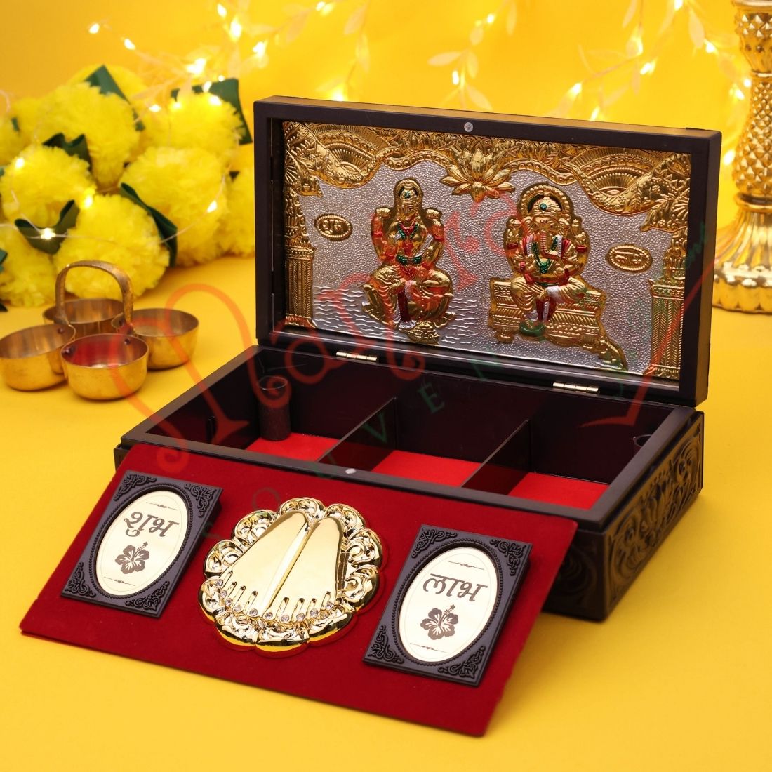 Gold Plated Laxmi Ganesh Corporate Gift Box with Charan Paduka | ABS Polymer Spiritual Desk Decor & Puja Kit