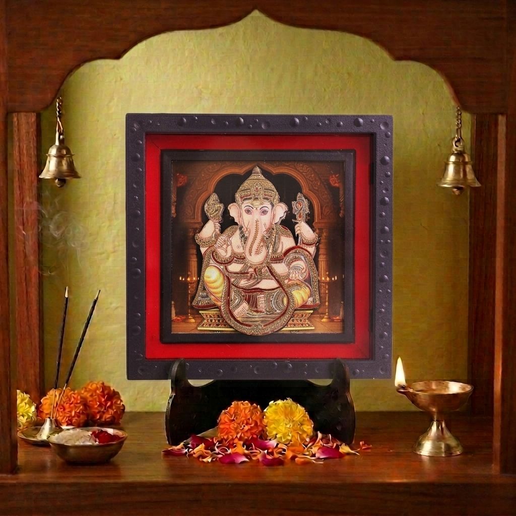 Classic 3D Ganpati Photo Frame for Home Decor | ABS Polymer Decorative Ganesh Ji Frame with Stand | Lord Ganesha Religious Photo Frame for Pooja Room Mandir Decoration | Spiritual Gift Item