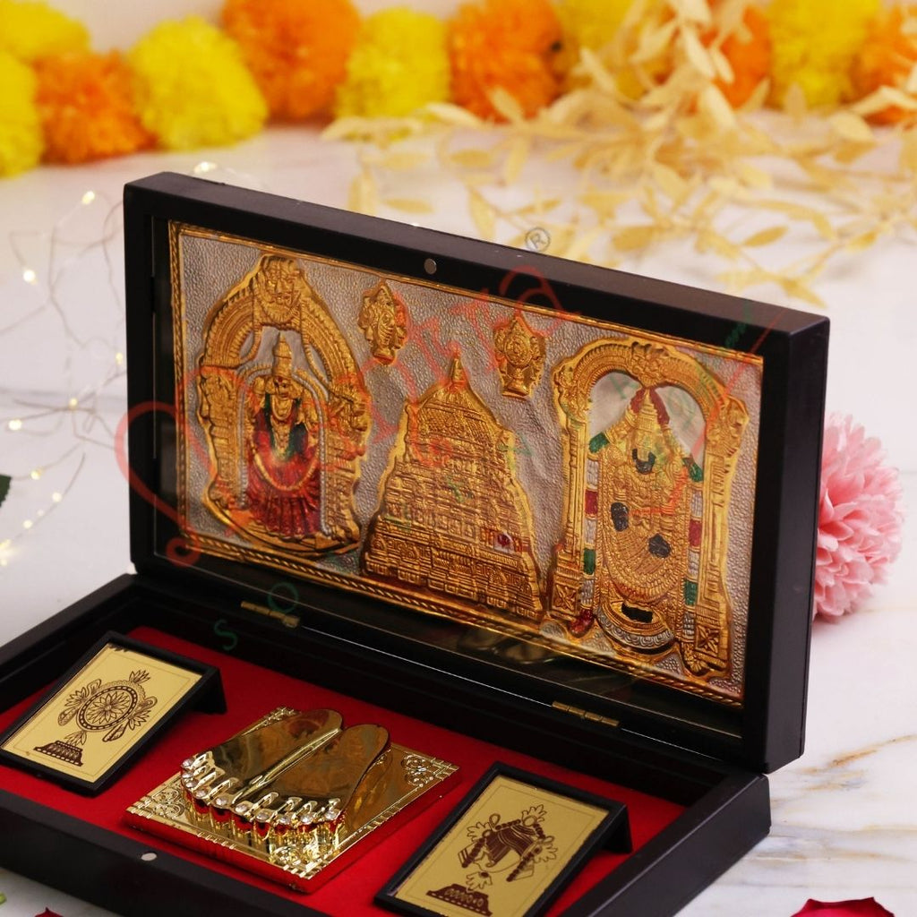 Gold Plated Gopu Ram Balaji Charan Paduka Frame Box – Premium ABS Polymer Tirupati Venkateswara Souvenir – Divine Tirumala Temple Blessing Gift for Home & Office