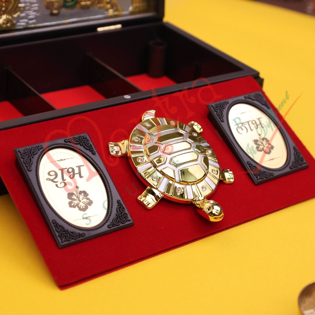 Gold Plated Laxmi Ganesh & Feng Shui Tortoise Corporate Gift Box | ABS Polymer Spiritual Desk Decor & Puja Kit