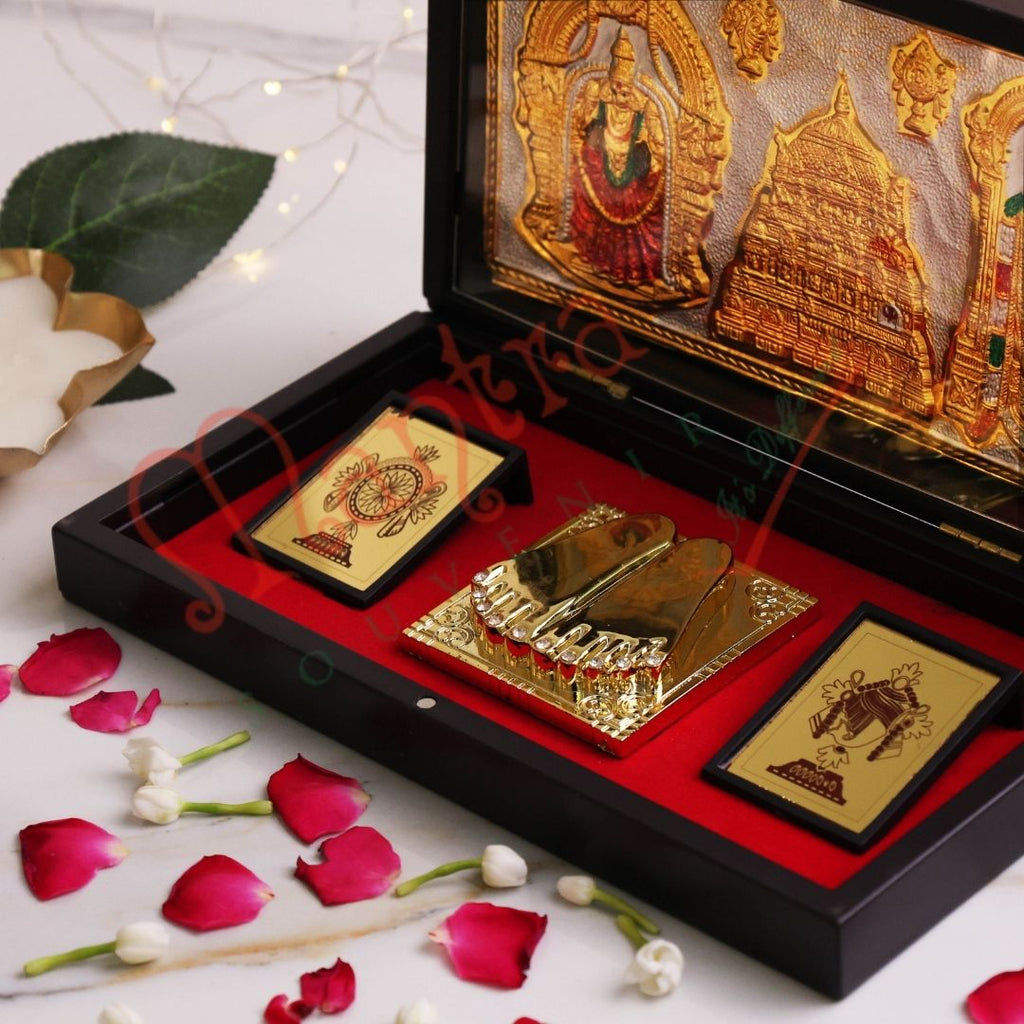Gold Plated Gopu Ram Balaji Charan Paduka Frame Box – Premium ABS Polymer Tirupati Venkateswara Souvenir – Divine Tirumala Temple Blessing Gift for Home & Office