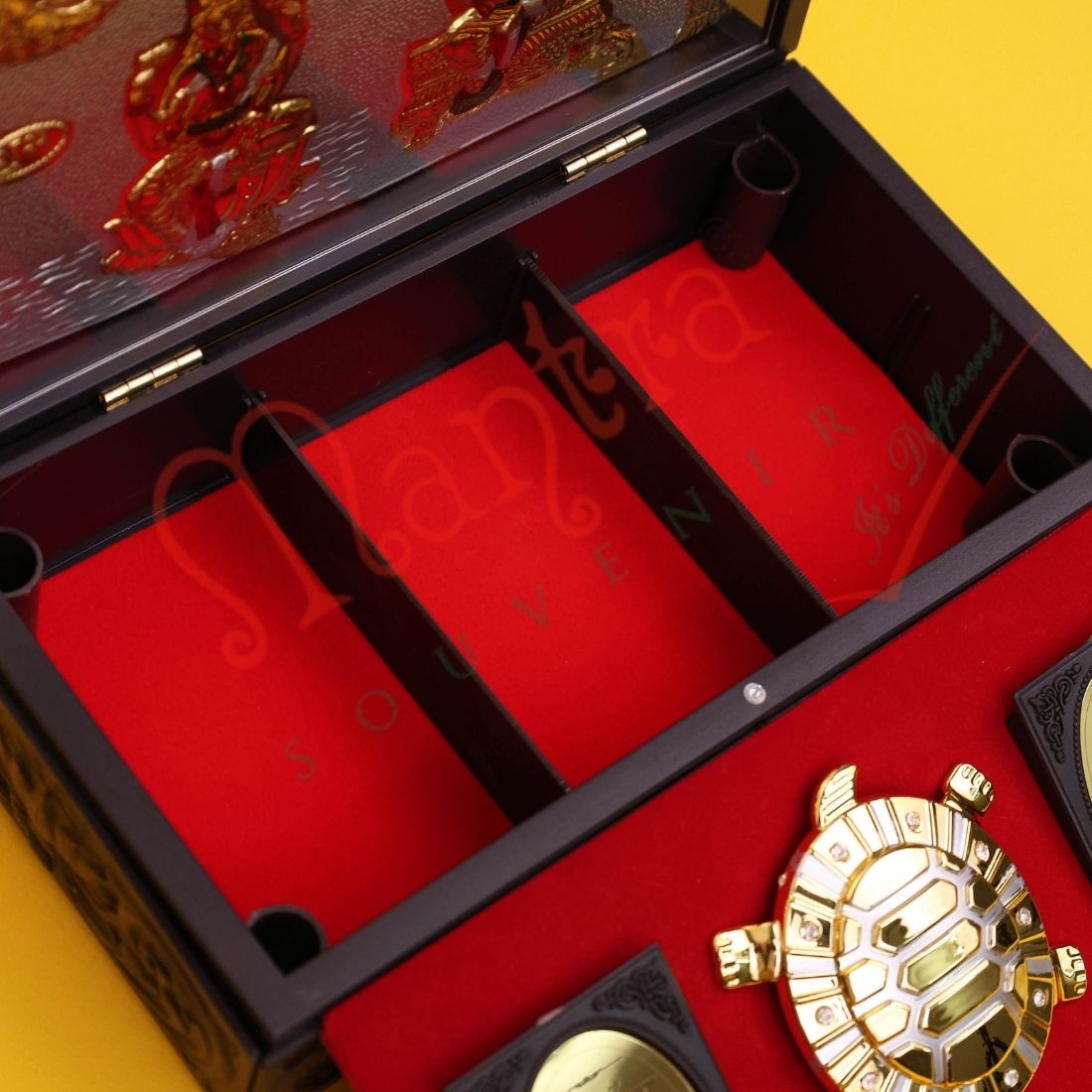Gold Plated Laxmi Ganesh & Feng Shui Tortoise Corporate Gift Box | ABS Polymer Spiritual Desk Decor & Puja Kit