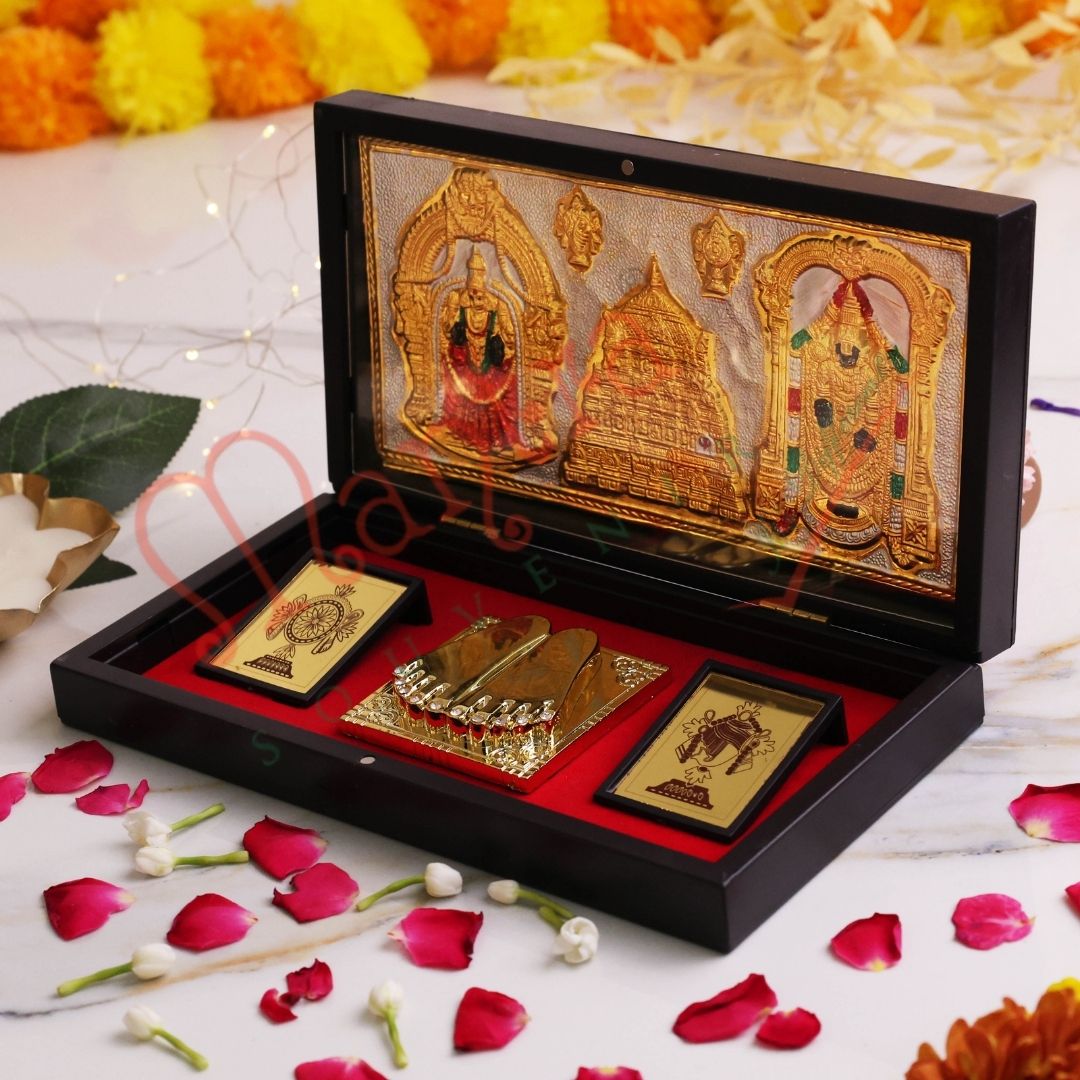 Gold Plated Gopu Ram Balaji Charan Paduka Frame Box – Premium ABS Polymer Tirupati Venkateswara Souvenir – Divine Tirumala Temple Blessing Gift for Home & Office
