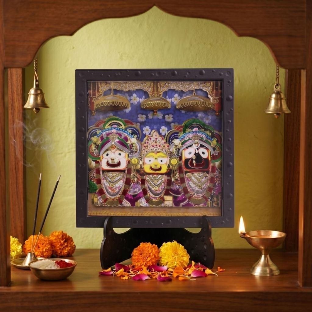 Classic 3D Jagannath Puri Deity Photo Frame with Stand for Home Temple | Lord Jagannath Balabhadra Subhadra Spiritual Photo Frame | Premium Religious Decor for Pooja Room, Office Desk & Devotional Gift Item