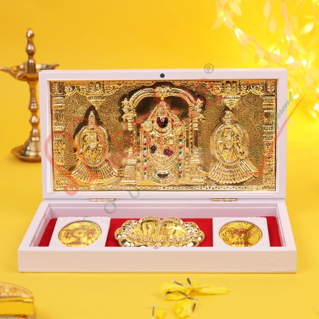Marvel Gold Plated Tirupati Balaji Charan Paduka Box - Divine Lord Venkateswara Spiritual Gift Set for Prosperity