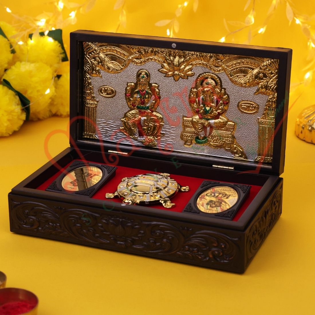 Gold Plated Laxmi Ganesh & Feng Shui Tortoise Corporate Gift Box | ABS Polymer Spiritual Desk Decor & Puja Kit