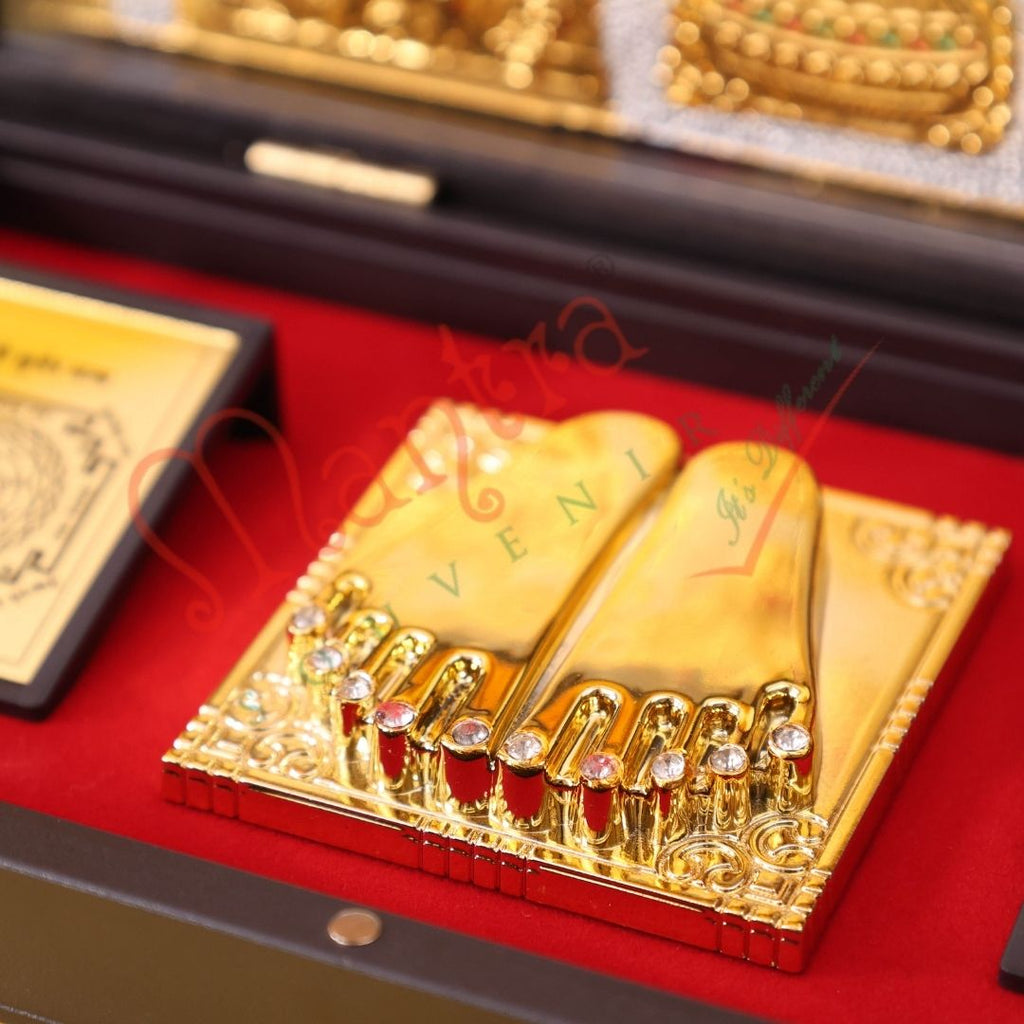 Premium Gold Plated Kuber Laxmi Charan Paduka Box – Durable ABS Polymer Spiritual Frame with Kuber & Mahalakshmi Yantra for Wealth, Prosperity & Gifting