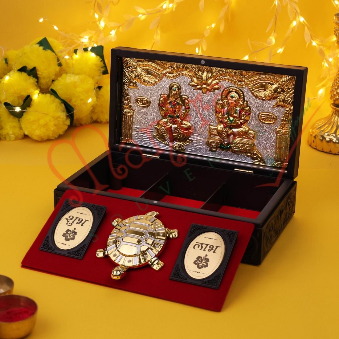 Gold Plated Laxmi Ganesh & Feng Shui Tortoise Corporate Gift Box | ABS Polymer Spiritual Desk Decor & Puja Kit