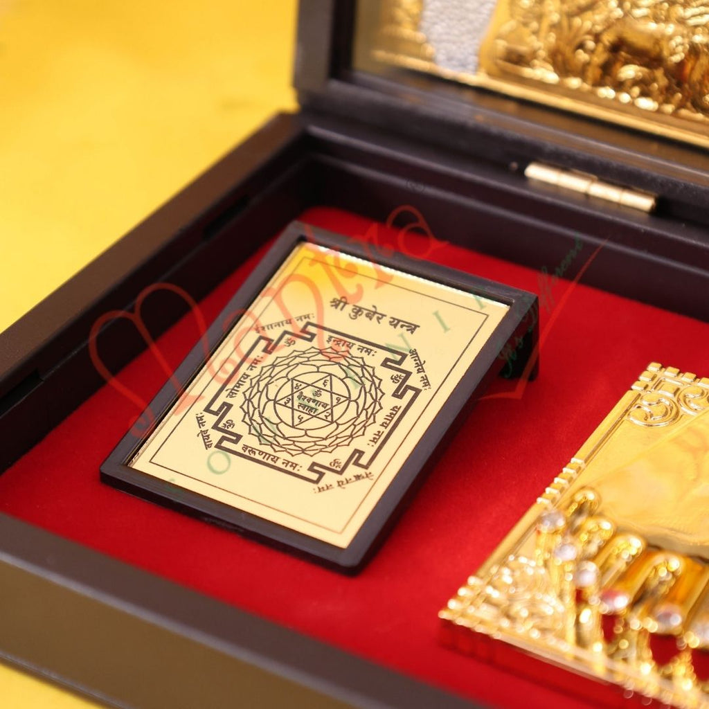 Premium Gold Plated Kuber Laxmi Charan Paduka Box – Durable ABS Polymer Spiritual Frame with Kuber & Mahalakshmi Yantra for Wealth, Prosperity & Gifting