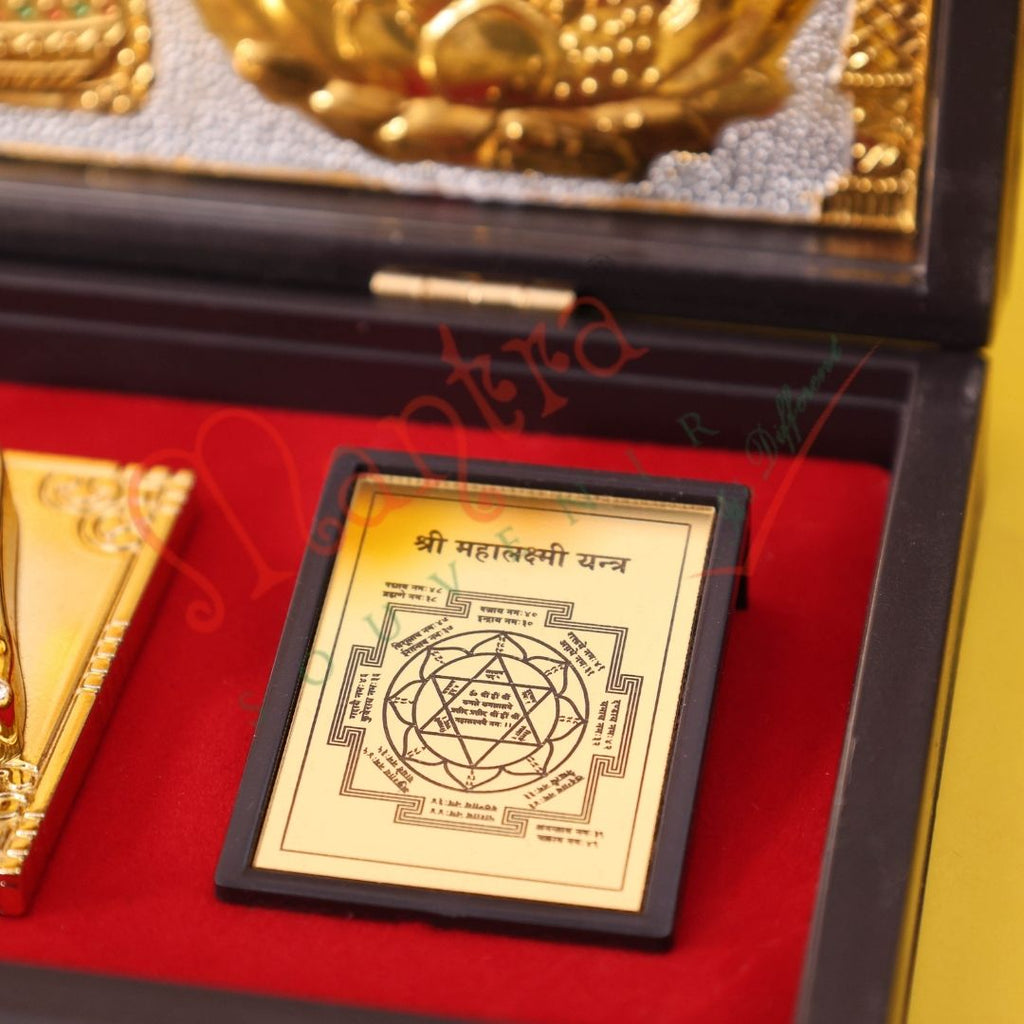 Premium Gold Plated Kuber Laxmi Charan Paduka Box – Durable ABS Polymer Spiritual Frame with Kuber & Mahalakshmi Yantra for Wealth, Prosperity & Gifting
