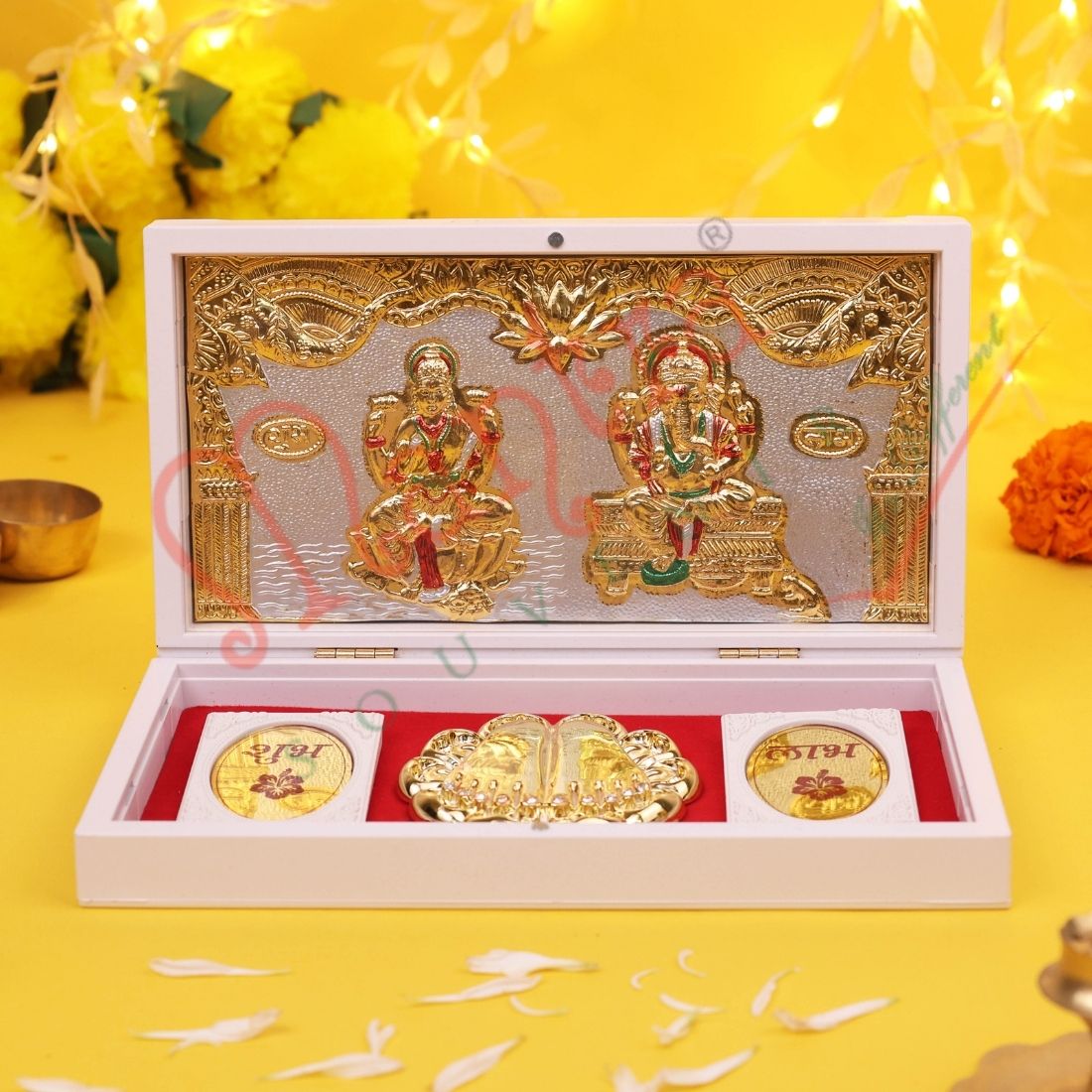 Marvel Gold Plated Laxmi Ganesh Frame with Charan Paduka in ABS Polymer Box | Spiritual Gift & Puja Decor