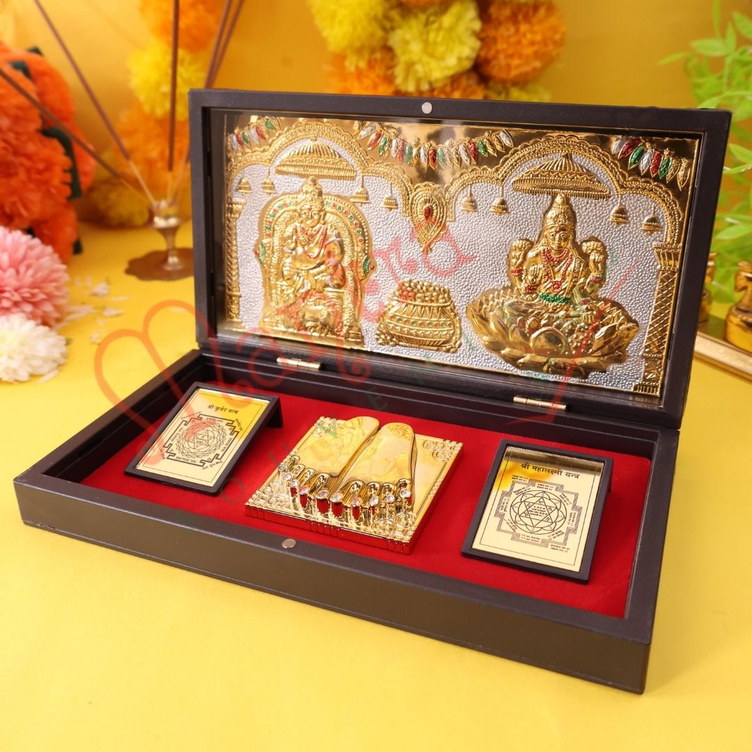 Premium Gold Plated Kuber Laxmi Charan Paduka Box – Durable ABS Polymer Spiritual Frame with Kuber & Mahalakshmi Yantra for Wealth, Prosperity & Gifting