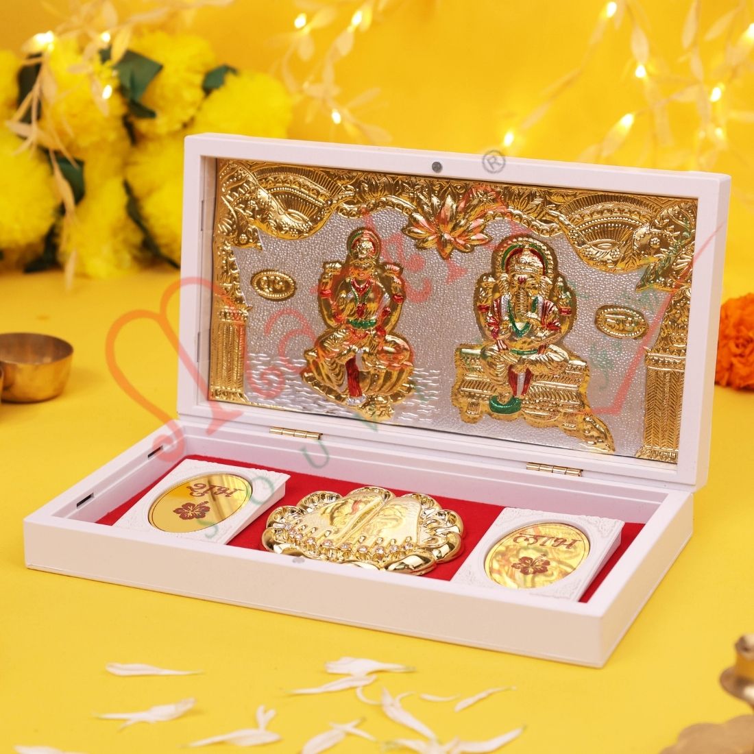 Marvel Gold Plated Laxmi Ganesh Frame with Charan Paduka in ABS Polymer Box | Spiritual Gift & Puja Decor