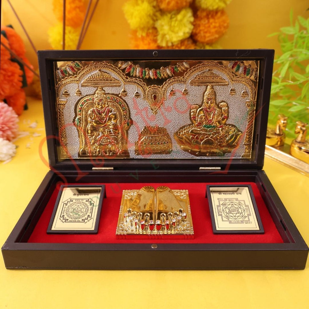Premium Gold Plated Kuber Laxmi Charan Paduka Box – Durable ABS Polymer Spiritual Frame with Kuber & Mahalakshmi Yantra for Wealth, Prosperity & Gifting