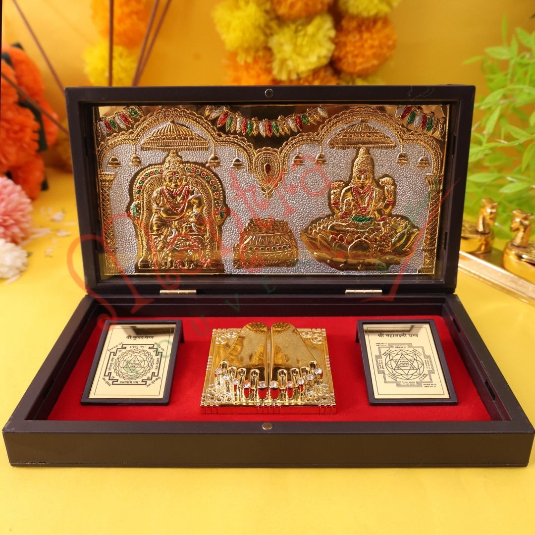 Premium Gold Plated Kuber Laxmi Charan Paduka Box – Durable ABS Polymer Spiritual Frame with Kuber & Mahalakshmi Yantra for Wealth, Prosperity & Gifting